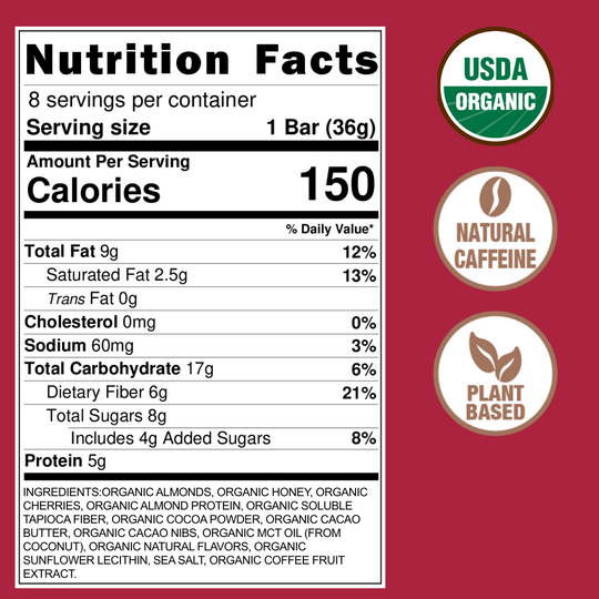 Chocolate Cherry Organic Caffeinated Energy Bars (Pack of 8)